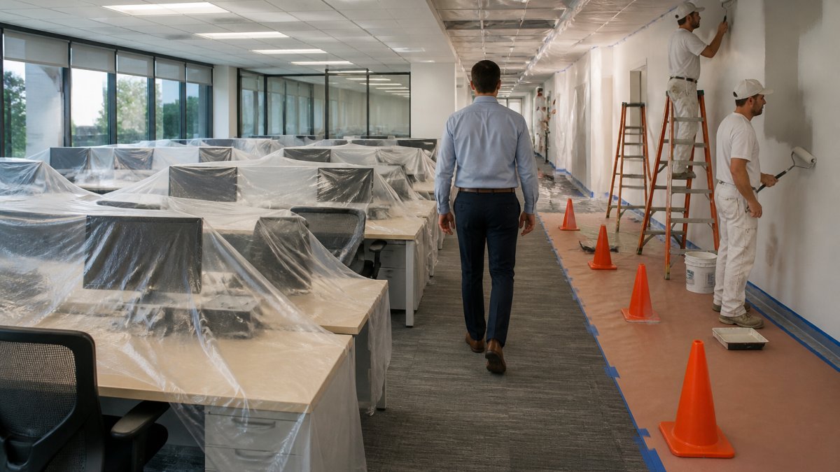 Professional painters in clean uniforms working in a modern open-plan office after hours, with desks and monitors carefully covered in plastic sheeting, one employee walking past a clearly marked work zone