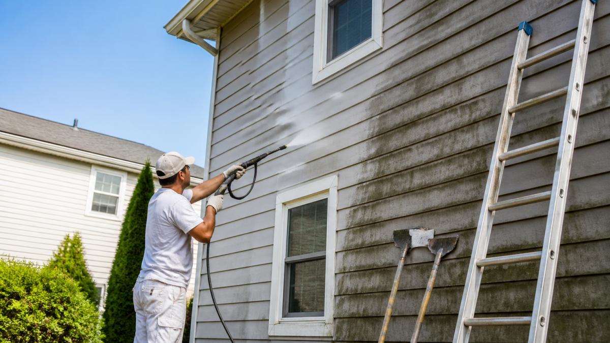 Painter power washing wood siding on a house to prepare it for exterior paint